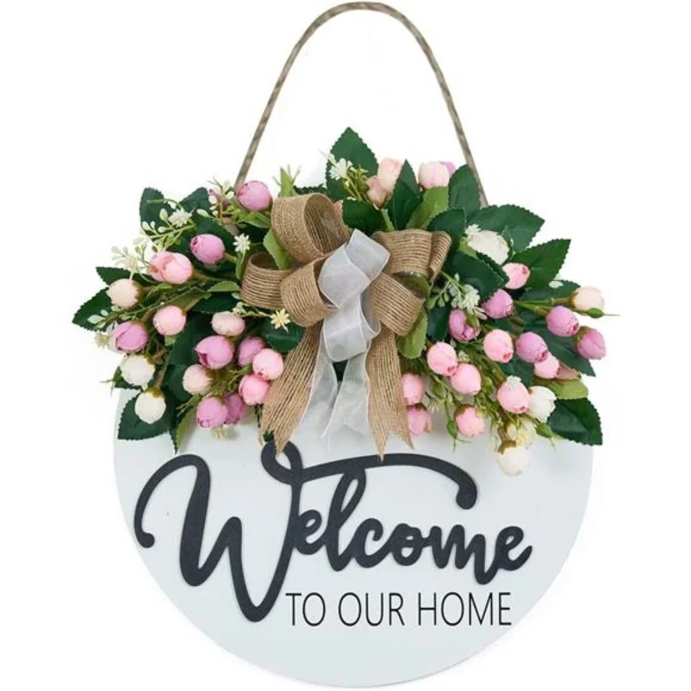 3D Spring Summer Welcome Wreaths for Front Door, Pink Flower Wreath -12